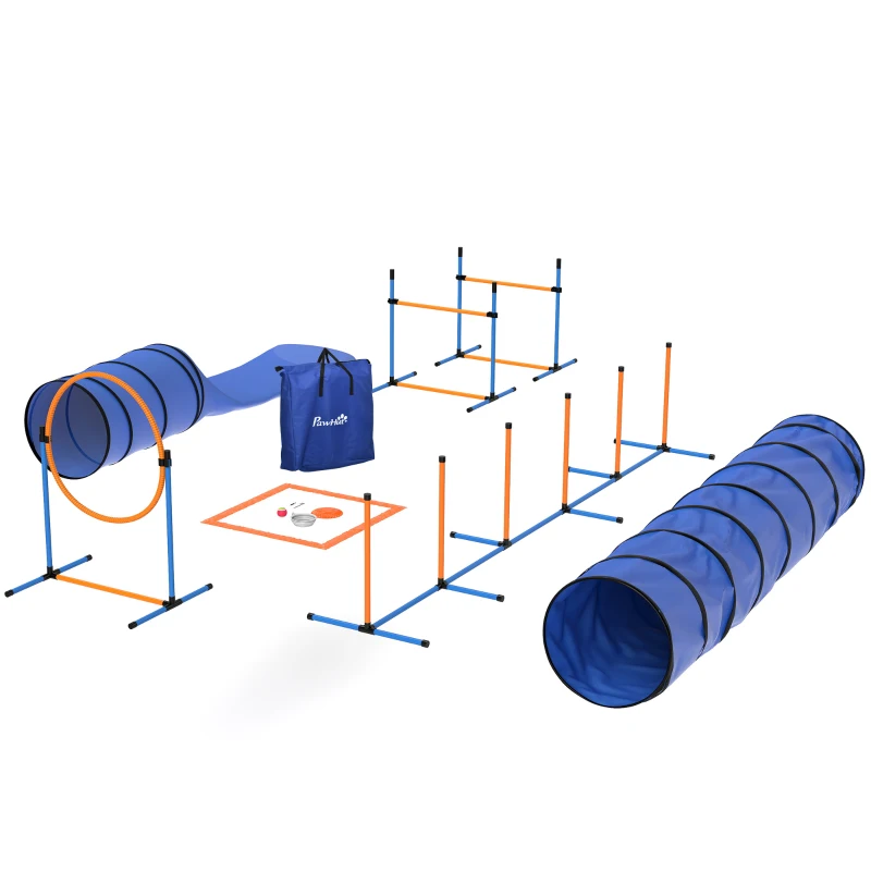 PawHut Ensemble d'Agilité pour Chien 11 Pièces, Parcours d'Obstacle avec 2 Tunnels, Sauts Ajustables, Orange et Bleu