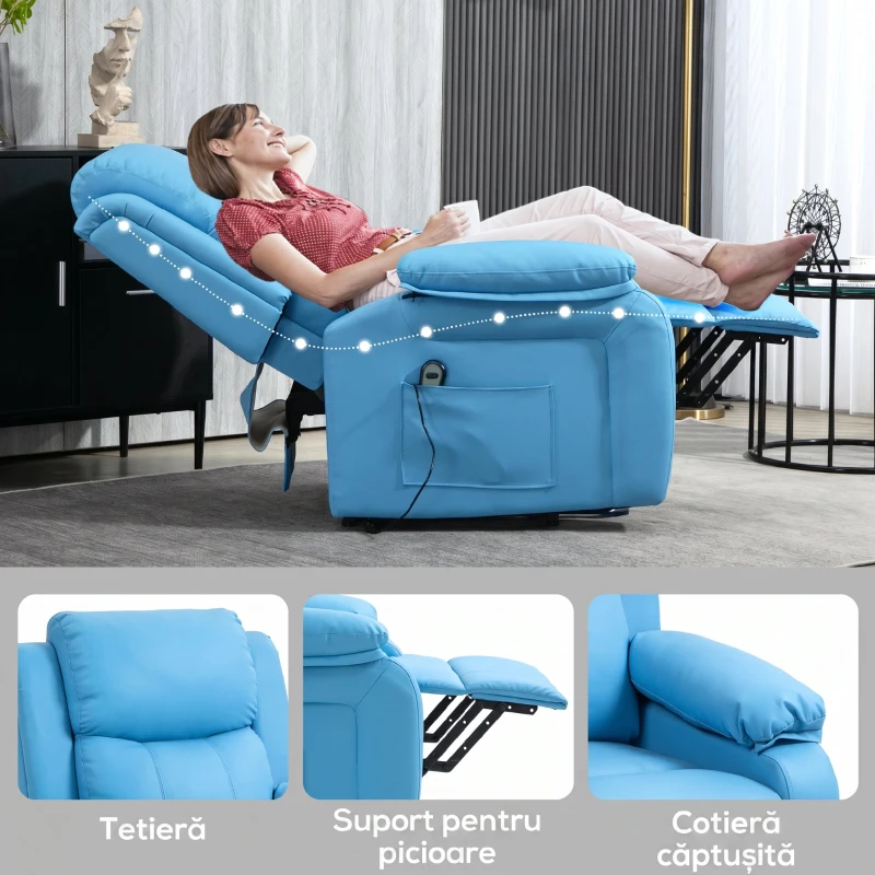 HOMCOM Fotoliu Electric Reclinabil cu Funcție de Ridicare, Suport pentru Picioare și Telecomandă, din Piele PU, 76x90x105 cm, Albastru