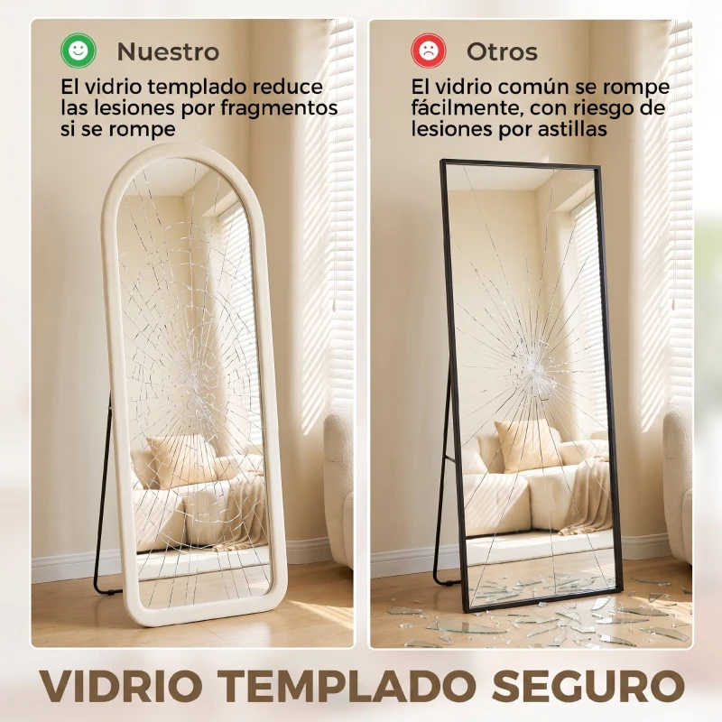 HOMCOM Espejo de Cuerpo Entero 160x60 cm Marco Arqueado Aterciopelado Independiente Apoyado y de Pared Crema