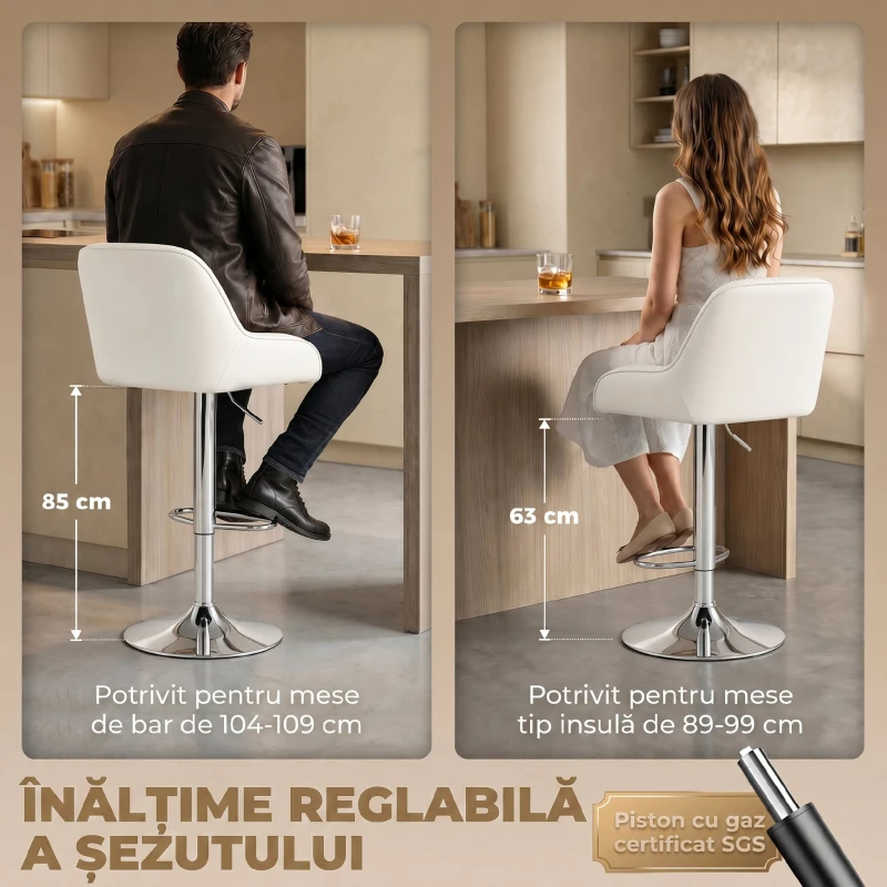 HOMCOM Set 2 Scaune de Bar Rotative și Reglabile pentru Bucătărie, Metal, Alb
