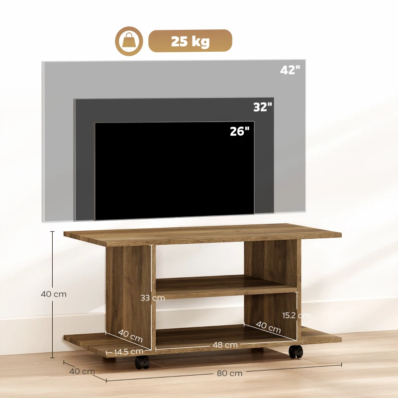 HOMCOM Suport TV Modern cu Rafturi, Roți Pivotante și Frâne, 80 x 40 x 40 cm, Nuc