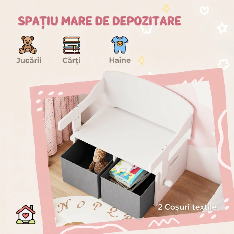 AIYAPLAY 3 în 1 Bancă Depozitare Jucării Copii 3-6 ani, Convertibilă în Masă și Scaun cu 2 Cutii, Alb