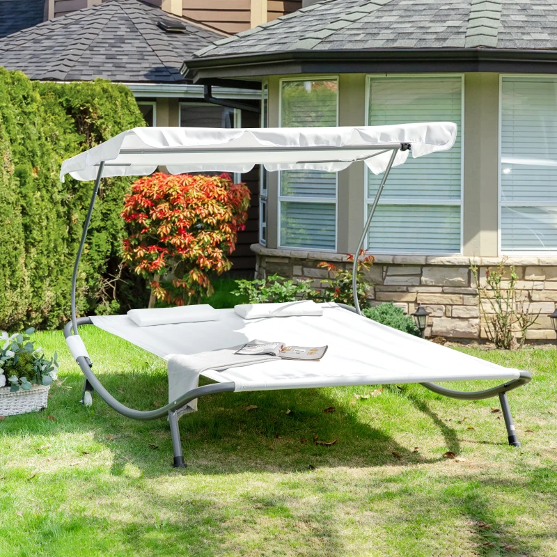 Outsunny Sonnenliege rollbar Campingliege mit Kopfkissen, Dach UV-beständig und wasserabweisend Gartenliege Liegestuhl bis 220kg belastbar für Balkon, Garten, Cremeweiß