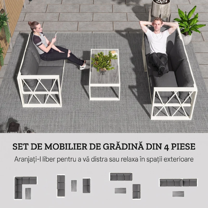 Outsunny Set Mobilier de Grădină cu Fotoliu Rabatabil, 2 Canapele cu Perne și Măsuță, Gri