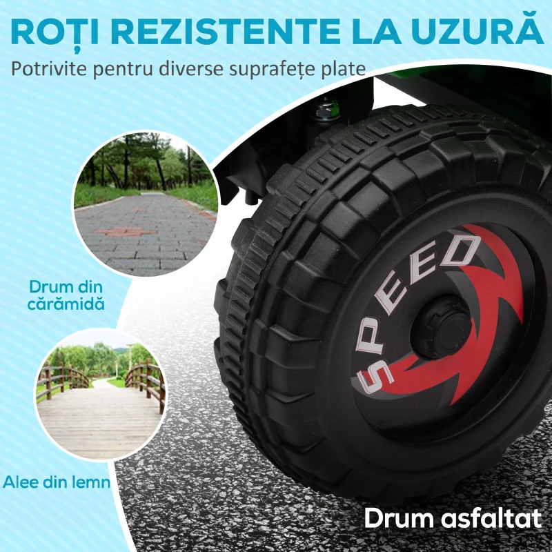 HOMCOM ATV Electric pentru Copii cu Remorcă, Pedală, Mers Înainte și Înapoi, 2,5 km/h, 18-36 Luni, Verde