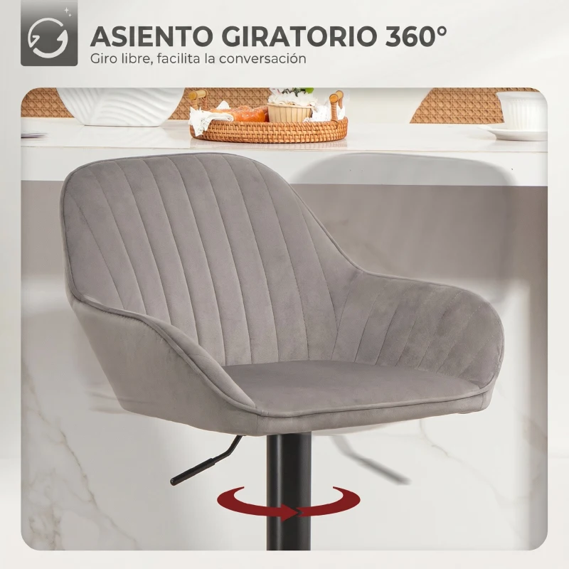 HOMCOM Juego de 2 Taburetes de Bar Giratorios Altura Ajustable 62-83 cm Tapizada en Terciopelo Respaldo y Reposapiés Gris
