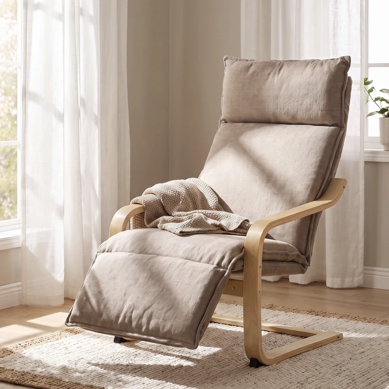 HOMCOM Fauteuil de salon tapissé aspect lin avec repose-pieds et doux balancement Dossier haut Assise large Marron clair