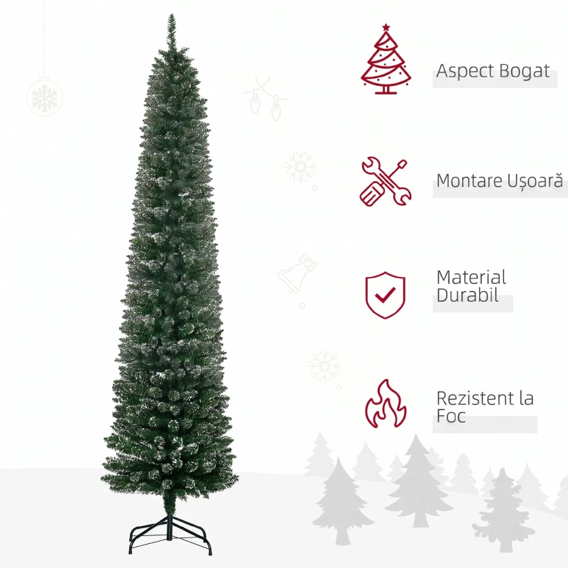 HOMCOM Brad de Crăciun Slim cu 624 Ramuri, Bază Pliabilă, Plastic și Metal, 56x56x225 cm, Verde