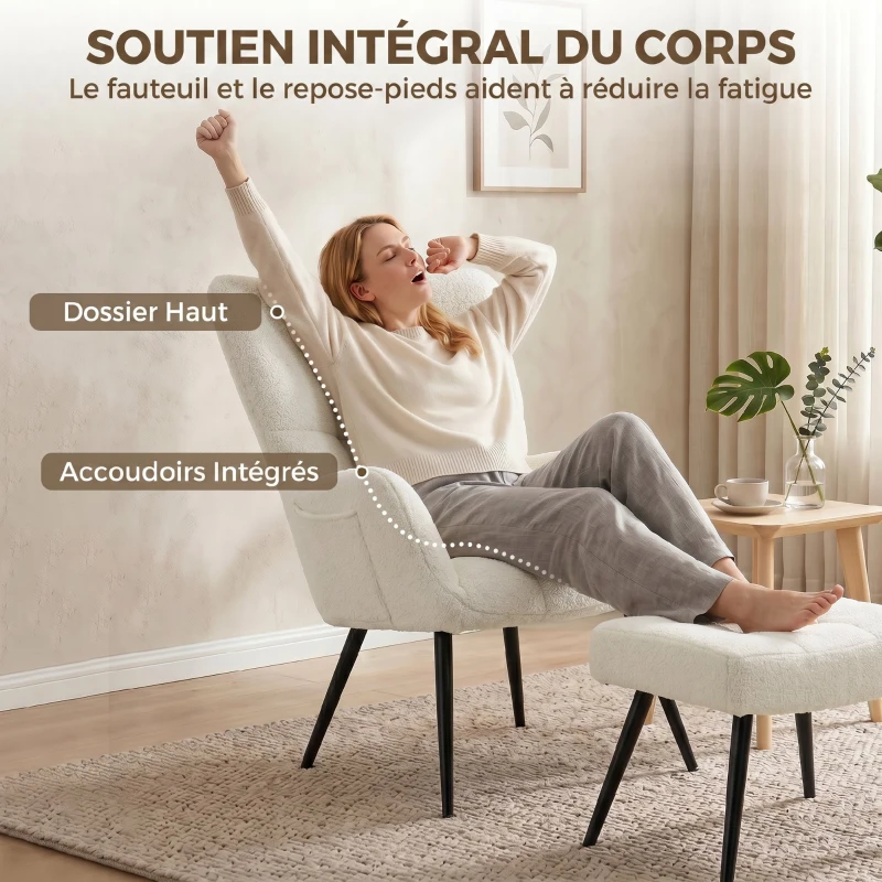 HOMCOM Fauteuil de Salon avec Repose-Pied, Fauteuil d'Appoint Capitonné en Peluche Teddy, Dossier Haut, Poches Latérales, Beige