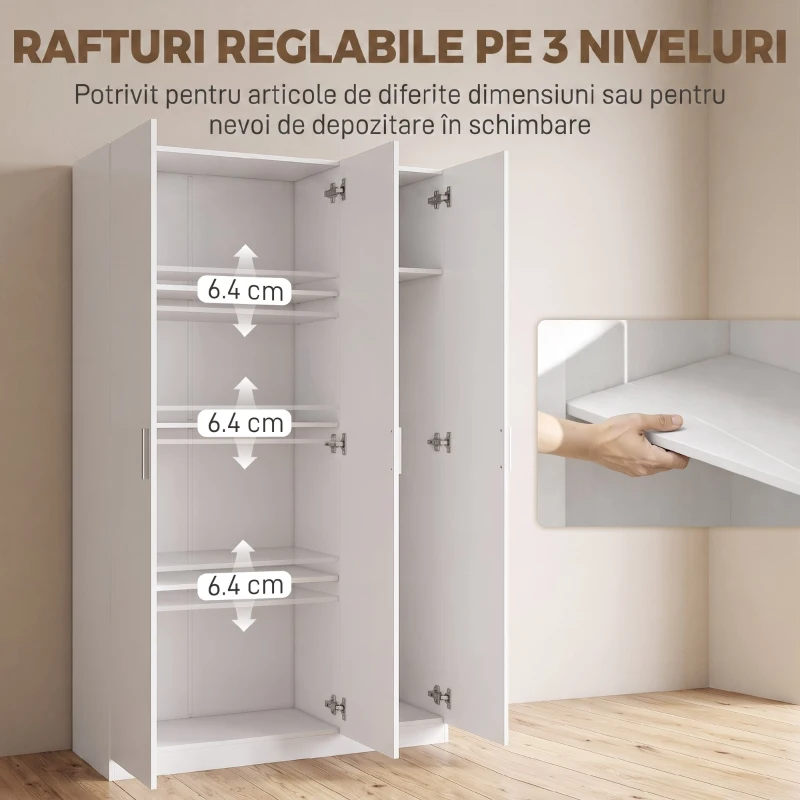 HOMCOM Dulap cu Rafturi Reglabile și Uși cu Închidere Lentă pentru Dormitor, Alb