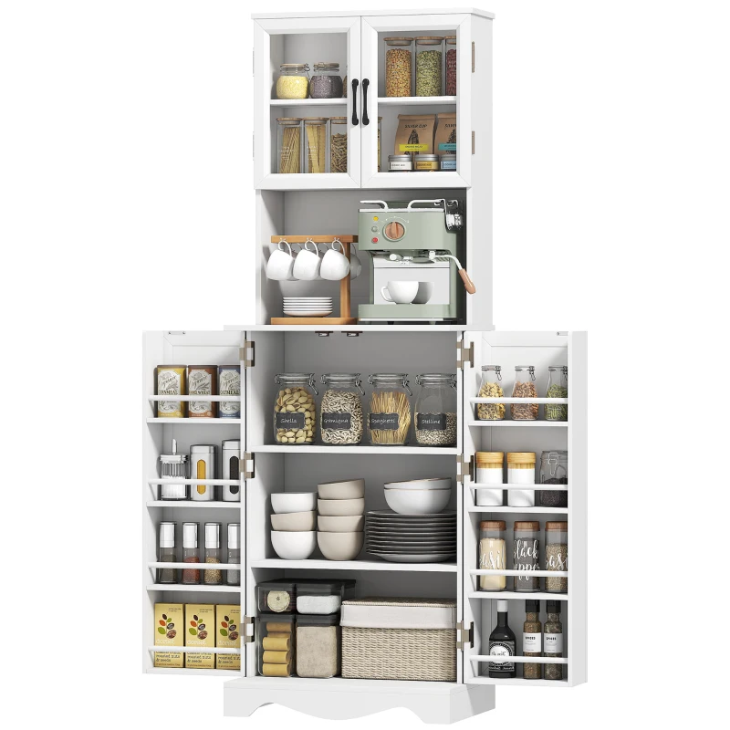 HOMCOM Buffet haut cuisine armoire de cuisine 4 portes 8 porte-épices plan de travail étagère réglable 60x39,5x179,6cm blanc(m-12)