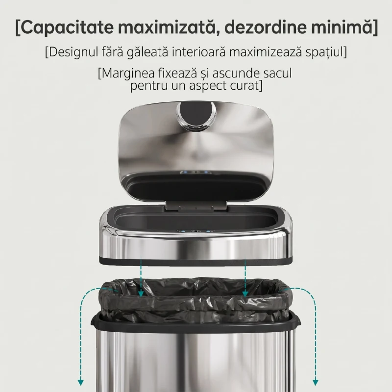 HOMCOM Coș de gunoi cu senzor infraroșu 50L, 2 moduri de deschidere, oțel inoxidabil, argintiu