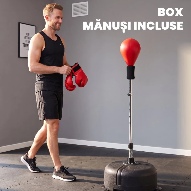 HOMCOM Punching Ball cu Înălțime Reglabilă cu Mănuși de Box, din Oțel, Piele Sintetică și PE, Ø48x136-154 cm, Negru și Roșu
