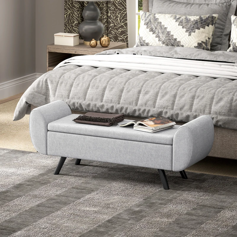 HOMCOM Bancă pentru Depozitare la Capătul Patului cu Brațe, Tapițerie din Material Textil, Picioare din Lemn și Capacitate de 53,8L, 132x42x50 cm, Gri