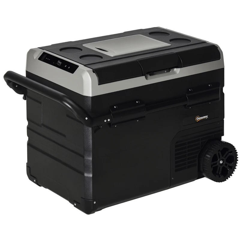 Outsunny Nevera Portátil Eléctrica 60L 12/24/240V Refrigerador de Coche con Compresor Pantalla LED Táctil Modos ECO y MAX hasta -20℃ Asa Retráctil Ruedas para Viajes Camping