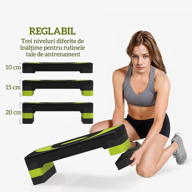 HOMCOM Aerobic Fitness Step, Stepper reglabil la 3 inaltimi 10-15-20 cm pentru antrenament acasa si la sala, albastru si negru
