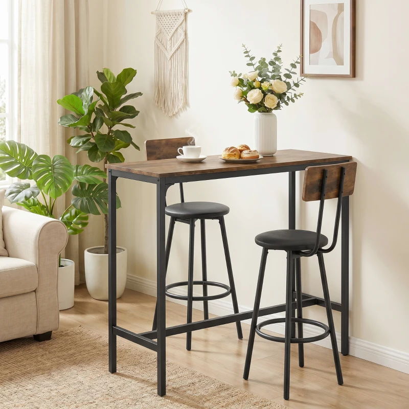 HOMCOM Set Masă de Bar cu 2 Scaune Înalte, Spătar, Suport pentru Picioare, MDF, Metal, 100x40x90,5 cm, Maro Rustic