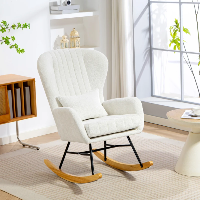 HOMCOM Fauteuil à bascule, rocking chair avec coussin, assise rembourré, dossier haut, 67 x 88 x 104 cm, blanc