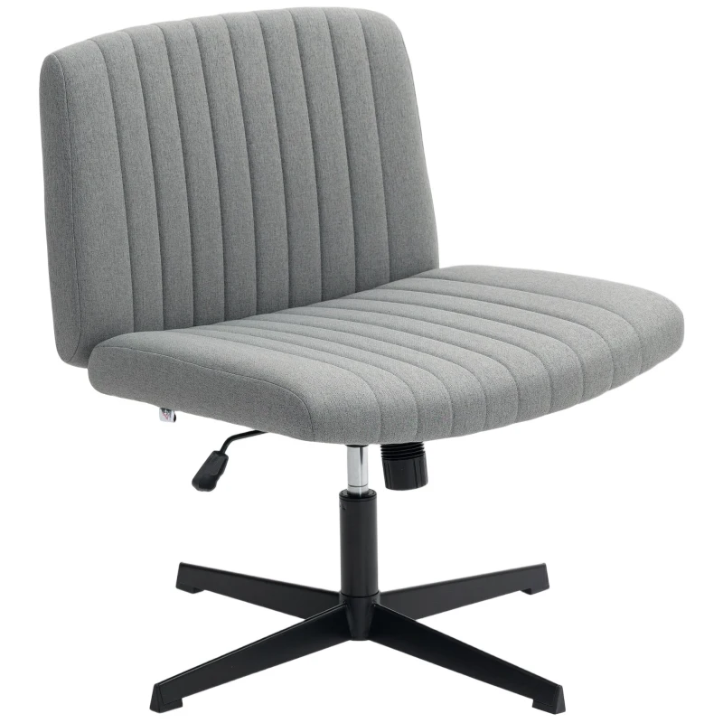 HOMCOM Armless Office Chair No Wheels, Linen Fabric Criss Cross Legged Desk Chair with Wide Seat, Thick Padding, Tilt Function, Height Adjustable Swivel Computer Seat for Home, Grey