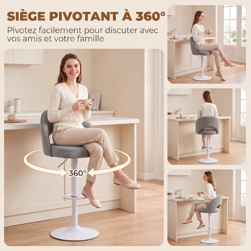 HOMCOM Lot de 2 Tabourets de Bar, Chaises de Bar Réglables en Hauteur, Assise Rembourrée en Chenille, Pivotant 360°, Gris