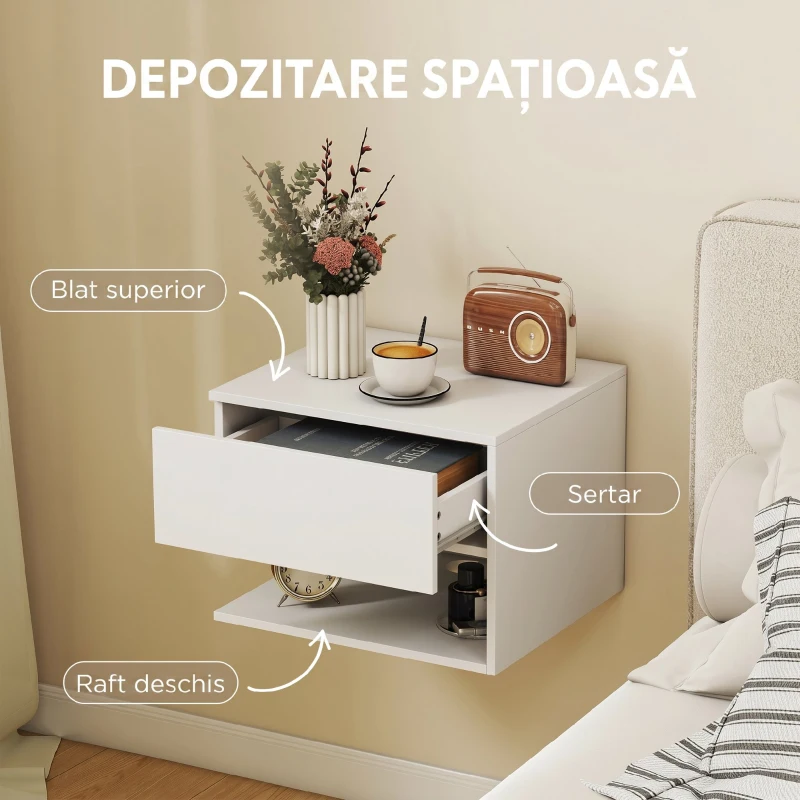 HOMCOM Set Noptiere Suspendate cu Sertar și Raft, Noptiere Moderne pentru Canapea, 40 x 35 x 30 cm, Alb