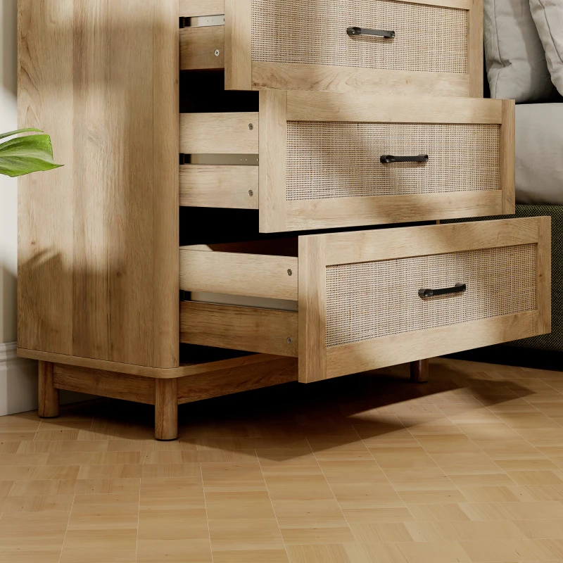 HOMCOM Cómoda 3 Gavetas em Vime Móvel de Armazenamento Cómoda Pés em Madeira Maciça Estilo Boémio 76x35x76 cm Carvalho