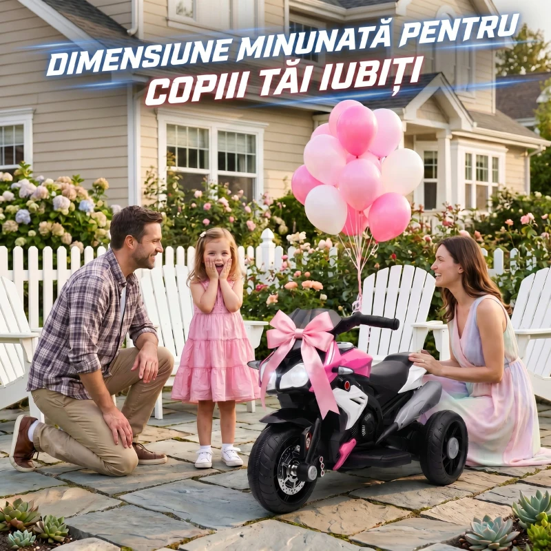 HOMCOM Motocicletă Electrică, 6 V, cu 3 Roți, pentru Copii de 3-5 Ani, Roz