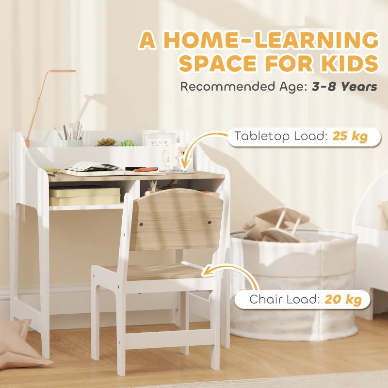 AIYAPLAY Ensemble bureau et chaise pour enfant 3 à 8 ans avec compartiments et étagères ouverts, effet bois naturel
