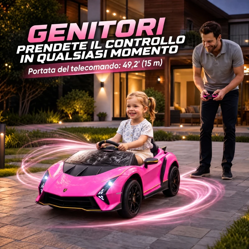 AIYAPLAY Coche Eléctrico para Niños Lamborghini Autentica con Batería 12V Mando a Distancia Faros Bocina Arranque Suave y Música MP3 Rosa