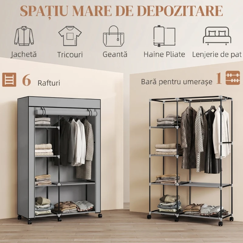 HOMCOM Dulap Portabil din Material Netesut și Oțel cu Roți, 6 Rafturi Deschise, Umeraș, Gri Deschis