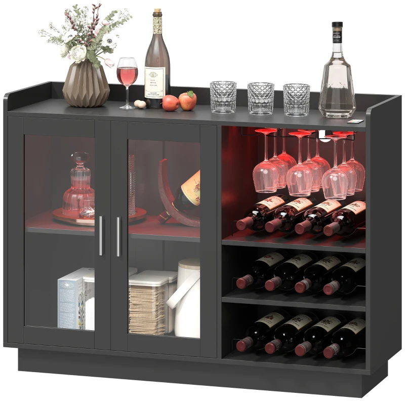 HOMCOM Bar mobil cu suport pentru sticle, lumină LED și raft reglabil, din lemn și sticlă, 120x38x88 cm, negru