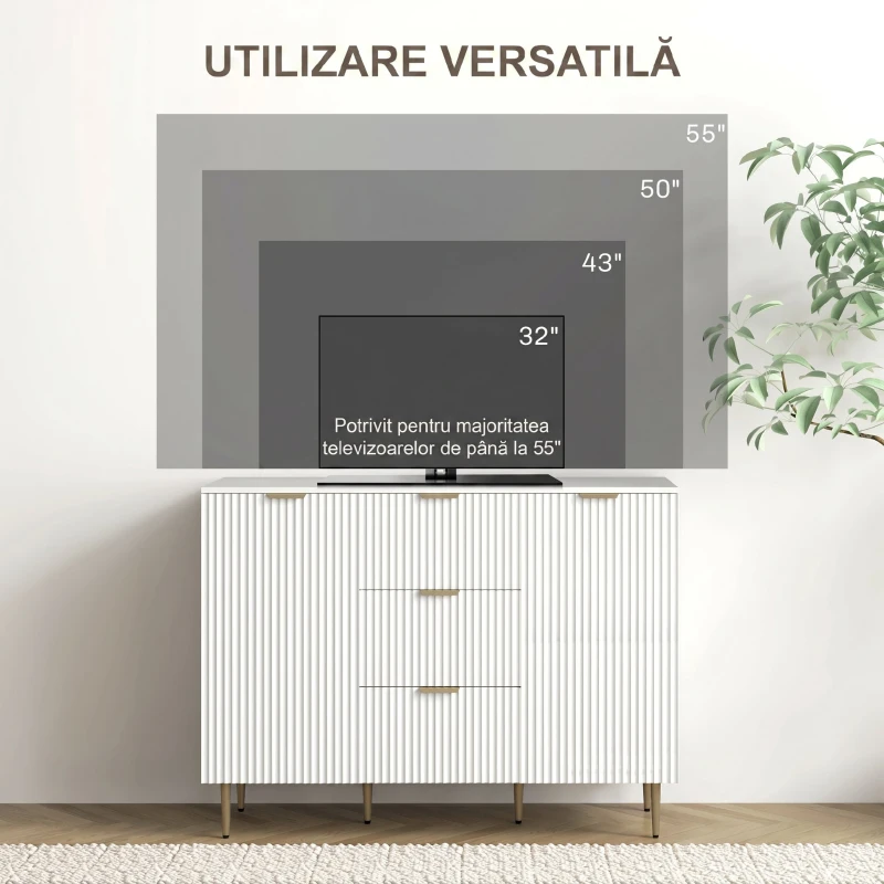 HOMCOM Bufet Modern cu 3 Sertare, 2 Dulapuri și Rafturi Reglabile, Lemn și Metal, Alb