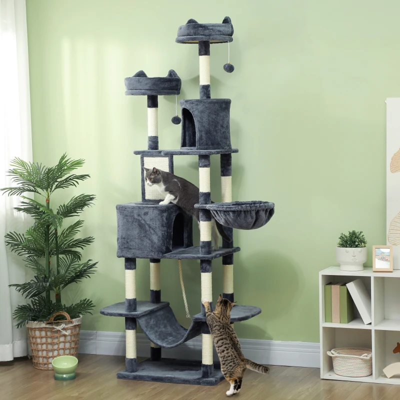PawHut Ansamblu de Cățărat pentru Pisici, 206 cm, cu Stâlpi din Sisal, Căsuțe și Hamace, Gri Închis