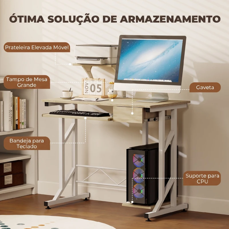 HOMCOM Secretária para Computador com Bandeja para Teclado e Gaveta Mesa de Estudo para Escritório 90x50x100 cm Carvalho