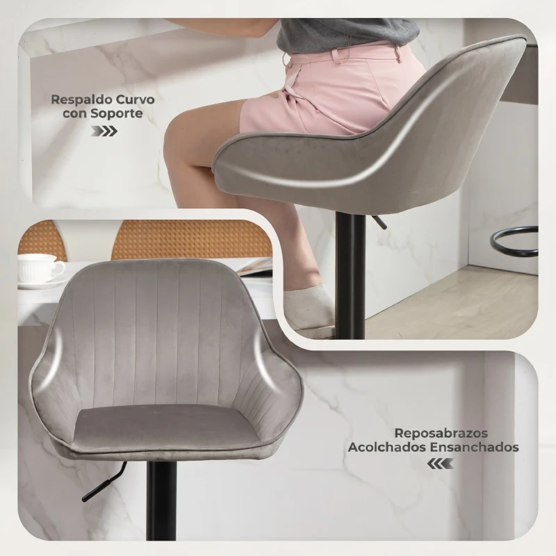 HOMCOM Juego de 2 Taburetes de Bar Giratorios Altura Ajustable 62-83 cm Tapizada en Terciopelo Respaldo y Reposapiés Gris