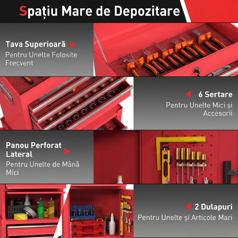 HOMCOM Cărucior pentru Scule din Oțel cu Încuietoare, 6 Sertare, 2 Dulapuri, Panou Perforat, Roți și Mâner, Roșu