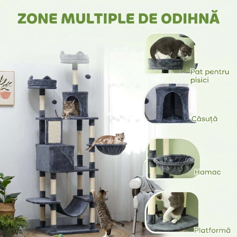 PawHut Ansamblu de Cățărat pentru Pisici, 206 cm, cu Stâlpi din Sisal, Căsuțe și Hamace, Gri Închis