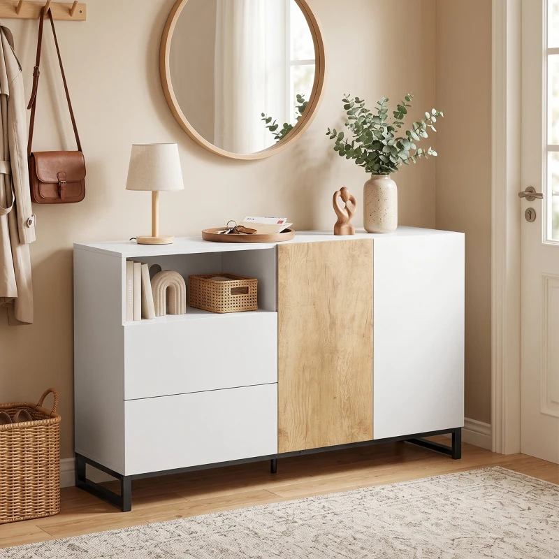 HOMCOM Bufet Modern 140 cm cu Poliță Deschisă, Alb și Stejar