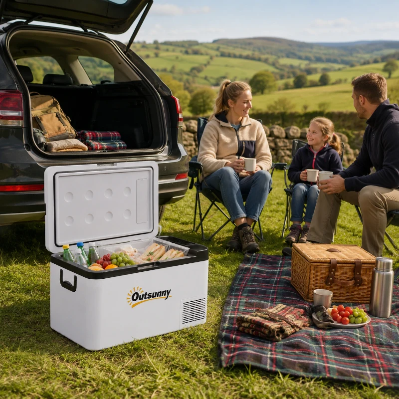 Outsunny 12V Car Refrigerator w/ LED Light & Foldable Handles, 25L Portable Compressor Cooler, Fridge Freezer with 12/24V DC and 110-240V AC for Campervan RV Boat Travel
