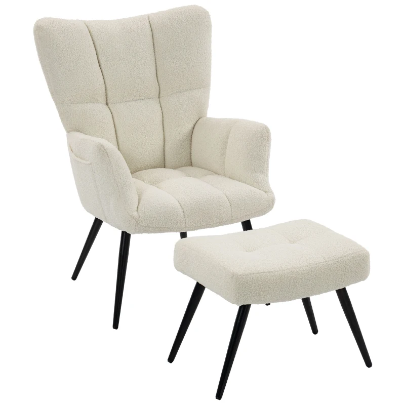 HOMCOM Fauteuil de Salon avec Repose-Pied, Fauteuil d'Appoint Capitonné en Peluche Teddy, Dossier Haut, Poches Latérales, Beige