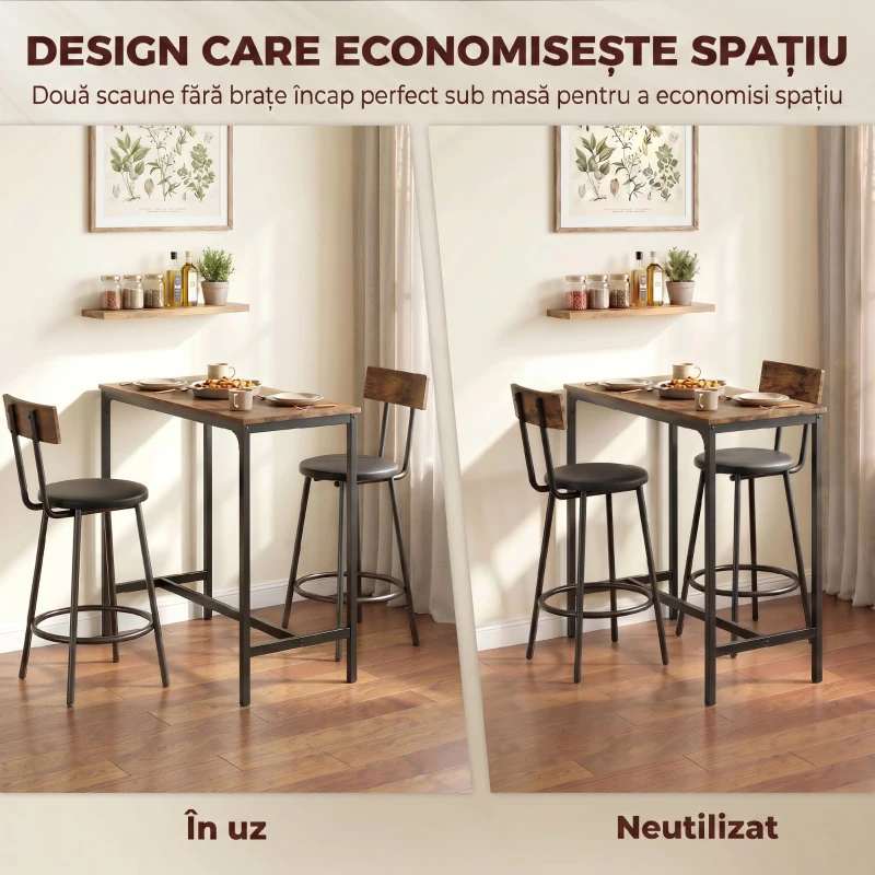 HOMCOM Set Masă de Bar cu 2 Scaune Înalte, Spătar, Suport pentru Picioare, MDF, Metal, 100x40x90,5 cm, Maro Rustic
