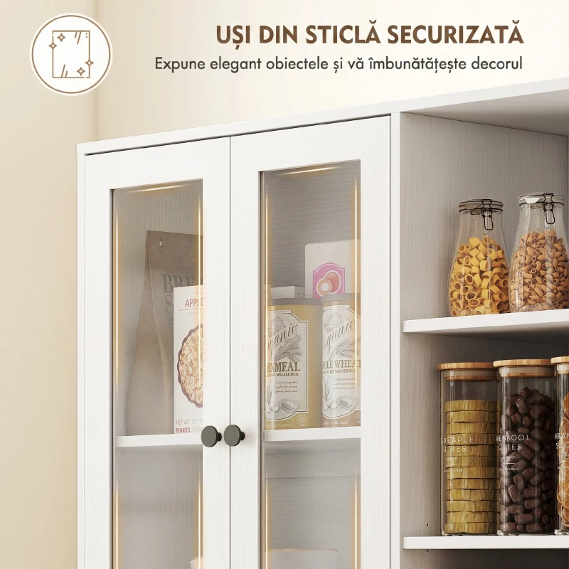 HOMCOM Bufet Bucătărie Înalt, Dulap Dispensa cu 4 Uși din Sticlă Soft-Close, 6 Rafturi Deschise, Rafturi Reglabile, Alb