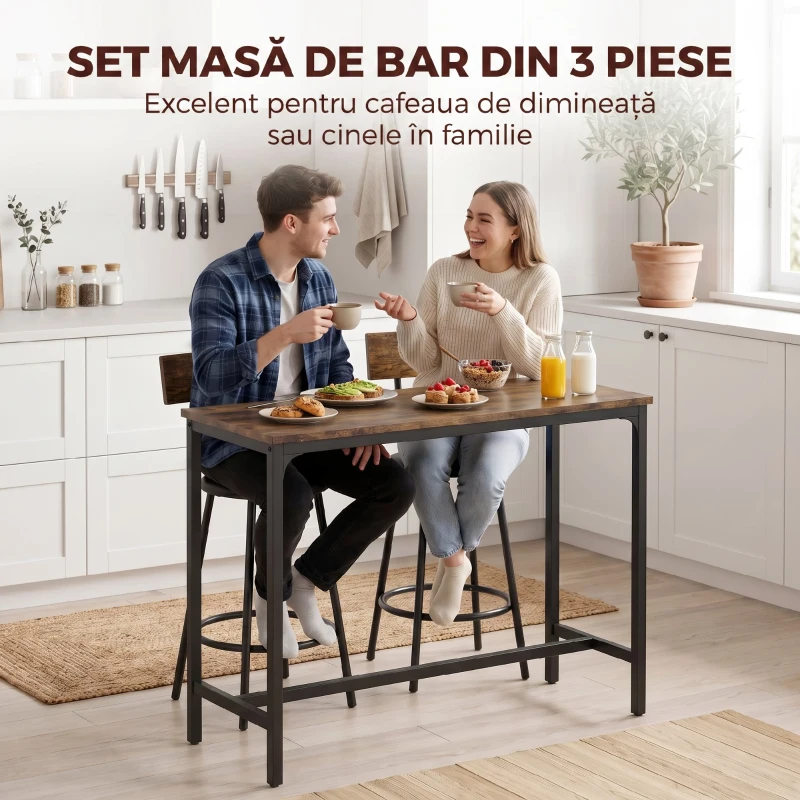 HOMCOM Set Masă de Bar cu 2 Scaune Înalte, Spătar, Suport pentru Picioare, MDF, Metal, 100x40x90,5 cm, Maro Rustic