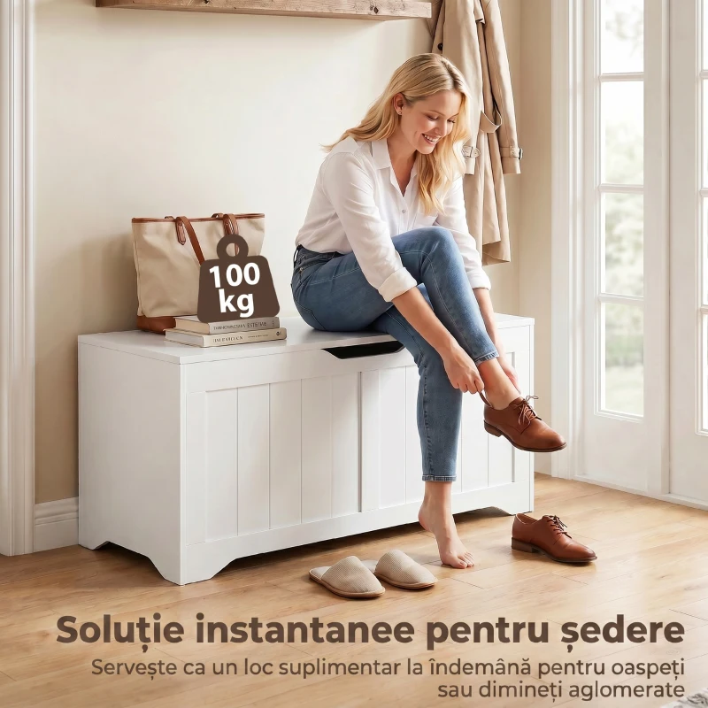 HOMCOM Bancă de Depozitare cu cu 2 Balamale de Siguranță 100 cm, PAL, Alb