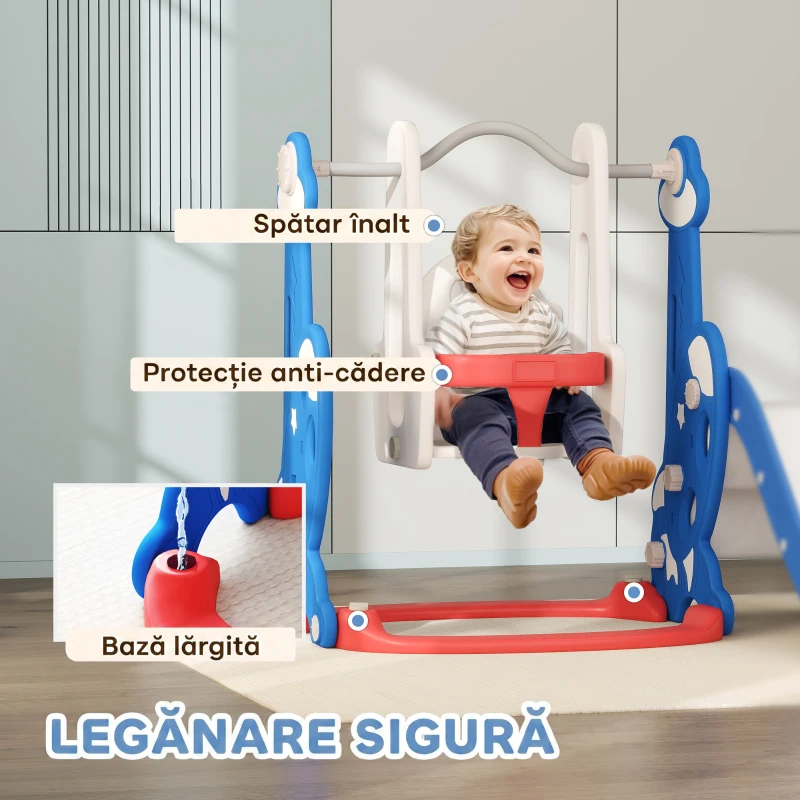 AIYAPLAY Tobogan copii 4 în 1 cu leagăn, scară de cățărare și coș de baschet, 18-48 luni, albastru închis