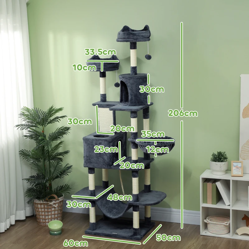 PawHut Ansamblu de Cățărat pentru Pisici, 206 cm, cu Stâlpi din Sisal, Căsuțe și Hamace, Gri Închis