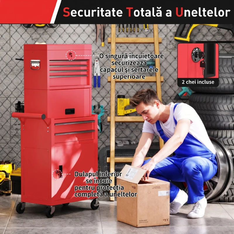 HOMCOM Cărucior pentru Scule din Oțel cu Încuietoare, 6 Sertare, 2 Dulapuri, Panou Perforat, Roți și Mâner, Roșu