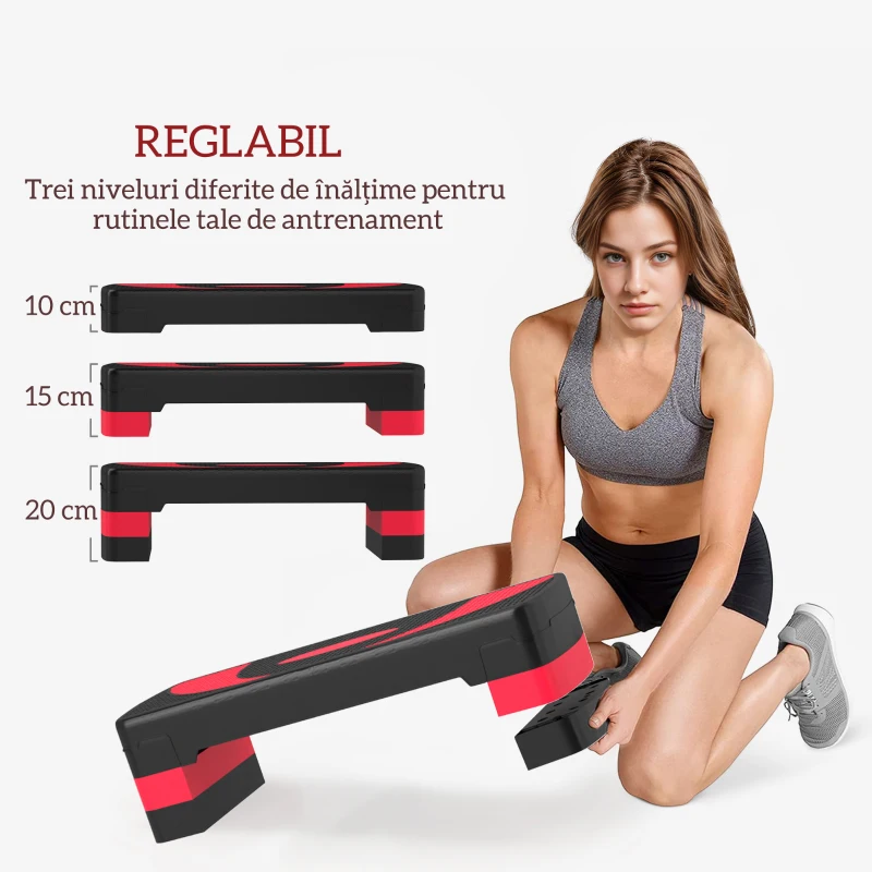 HOMCOM Step aerobic fitness reglabil pe 3 înălțimi, din plastic, 80x31x10/15/20 cm, roșu și negru