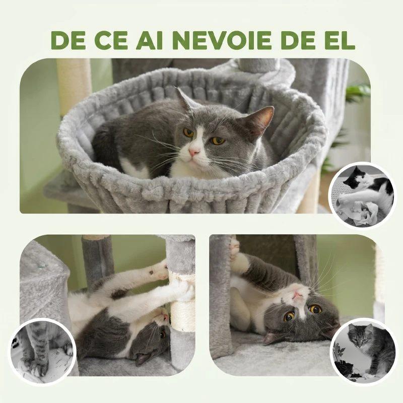 PawHut Ansamblu de Zgâriat pentru Pisici, 206 cm, cu Stâlpi din Sisal, Căsuțe și Hamace, Gri Închis