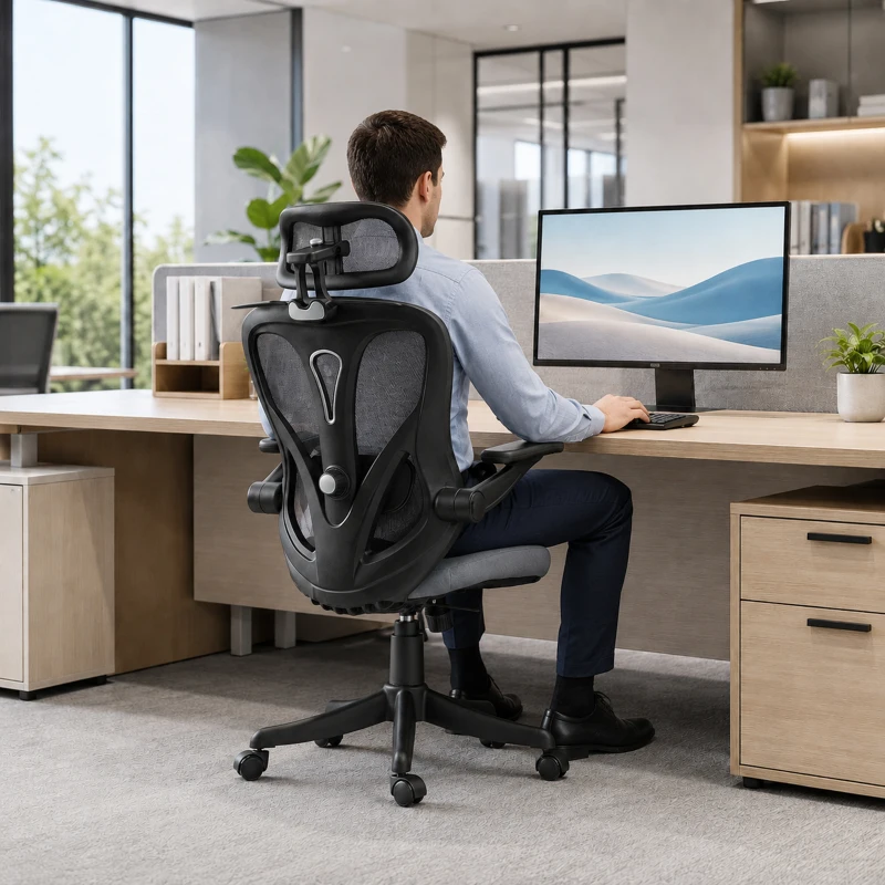 HOMCOM Silla de Oficina Ergonómica, Reposabrazos Abatibles 3D, Reposacabezas 2D, Perchero, en Malla, Gris Oscuro